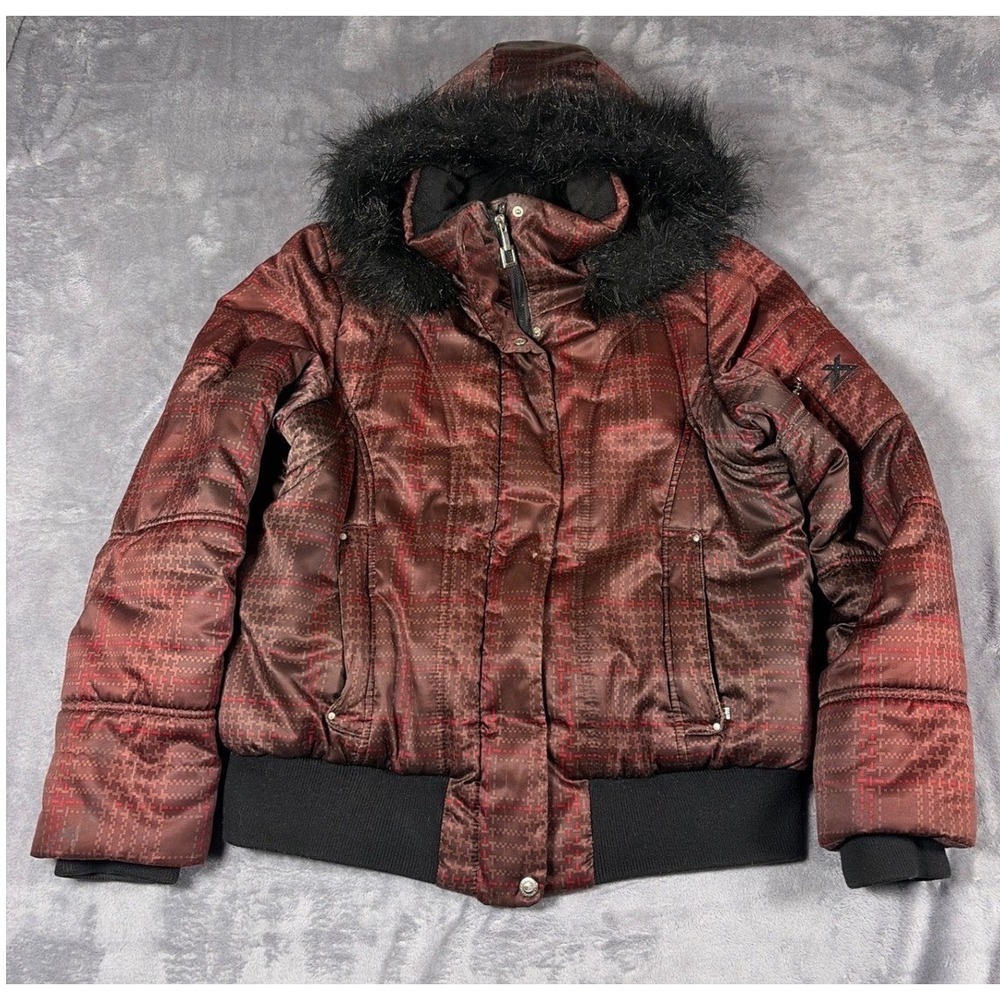 ZeroXposur Womens Digi Puffer Jacket Faux Fur Hood Seal Brown Red L 933207